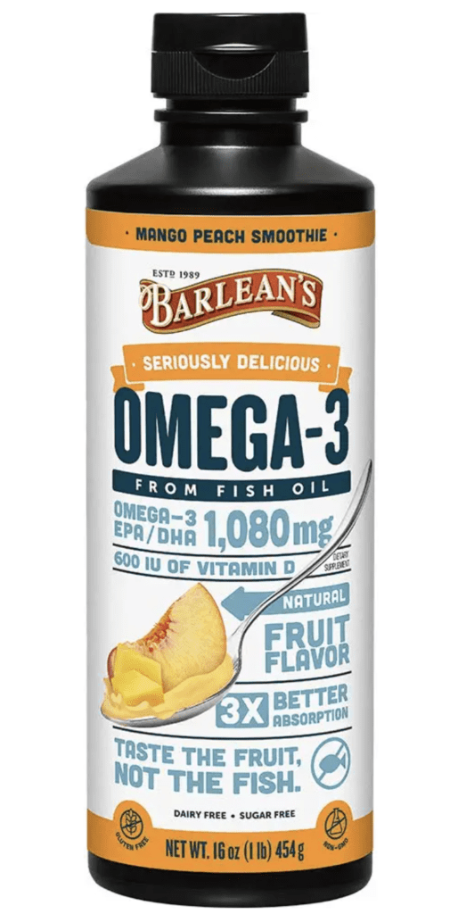 Bottle of Barlean’s Omega – 3 Mango Peach Smoothie