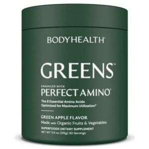 Green bottle with label for Greens Enhanced With Perfect Amino Dietary Supplement by Body Health