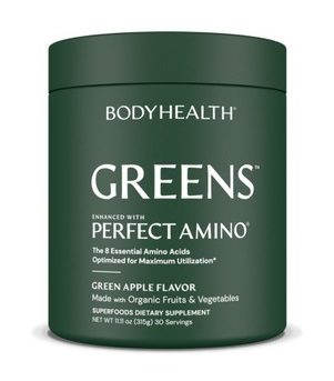Green bottle with label for Greens Enhanced With Perfect Amino Dietary Supplement by Body Health
